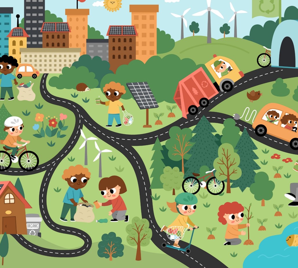 Spielplan mit Straßen, Wald und Kindern