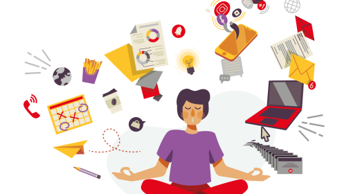 Mensch in Meditationspose mit Alltagsaufgaben drumherum, iStock.com/Aurora Lefevre/DSV